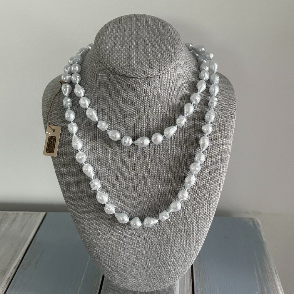 Beautiful Strand Faux Pearls Necklace Silver Almost Very Lt Blue Color Avon TAg
